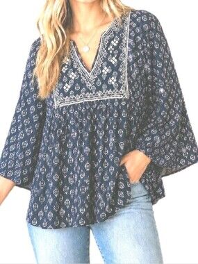 Rd Koko XL Boho Floral Print Embroidery Babydoll Tunic Woman's Top